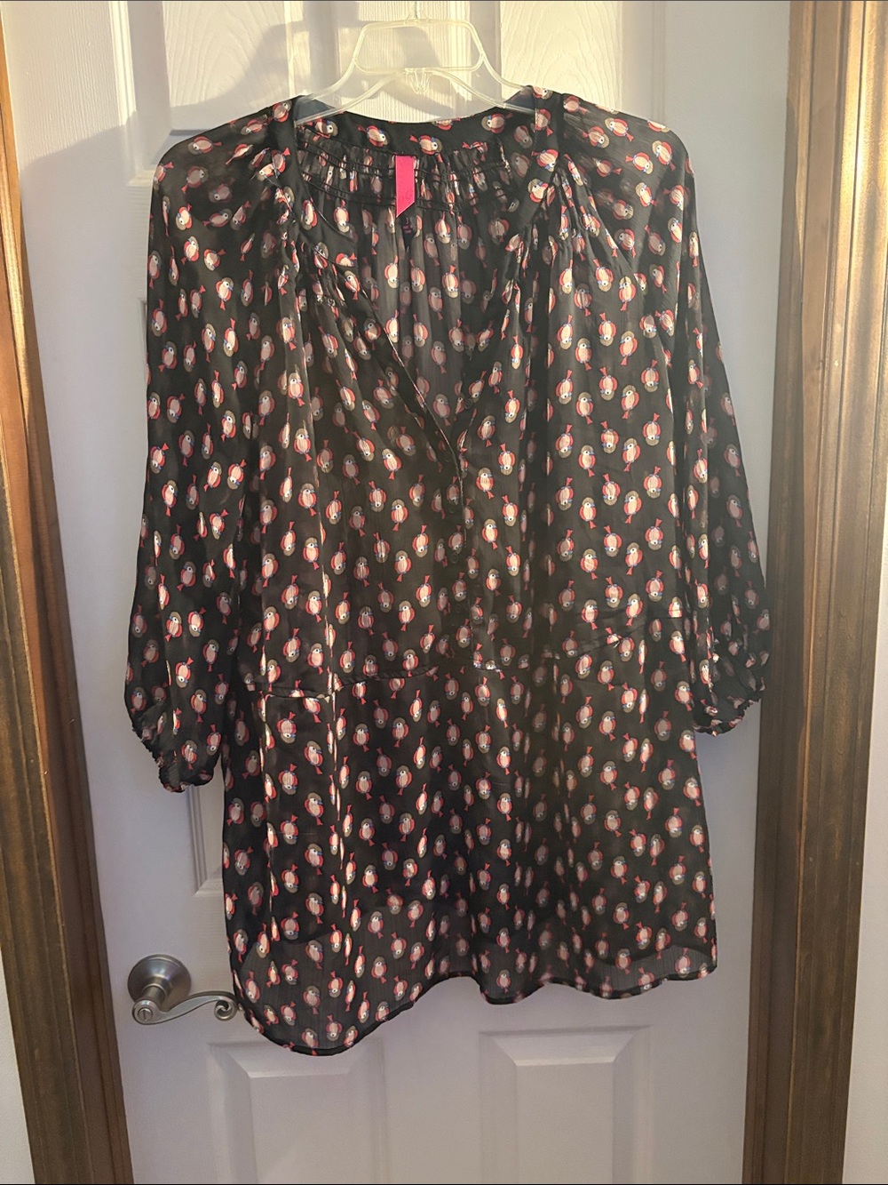 Women's sheer Black Printed V-Neck Blouse - pure energy - birds. like new!